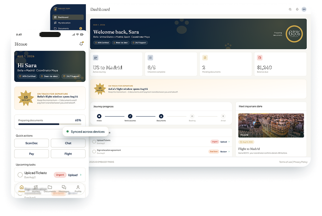 Embassy Paws portal on desktop and mobile
